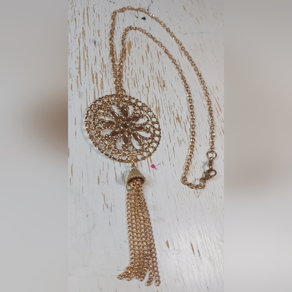 Single Gold Chain Long Necklace with Gold Sun Medallion Pendant & Tassel - Picture 4 of 8